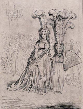 A tall woman wears short feathers in her headdress and a short woman wears tall feathers in hers. Etching by James Gillray, 1795.