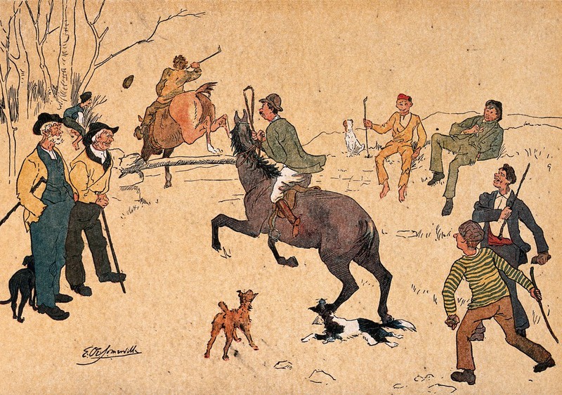 Men on horseback are jumping over a fence with people cheering them on from the side of the road. Colour process print after E.Œ.Somerville., by Edith Anna Somerville