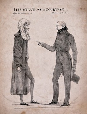 A lawyer or judge (Lord Brougham?) being addressed by a man with a top hat in his hand. Lithograph.