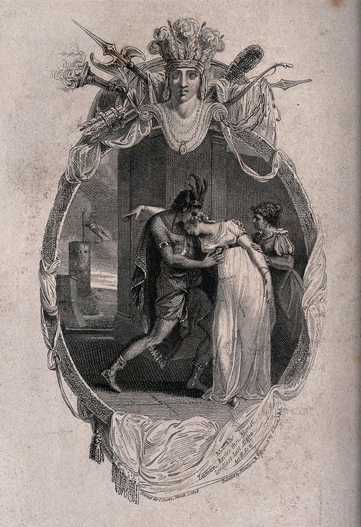A woman faints and is supported by a man nearby. Engraving by J. Heath after Hamilton.