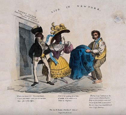 A well-dressed black couple in New York City are being offered a coat by a poor Irish immigrant outside a laundry. Coloured lithograph.