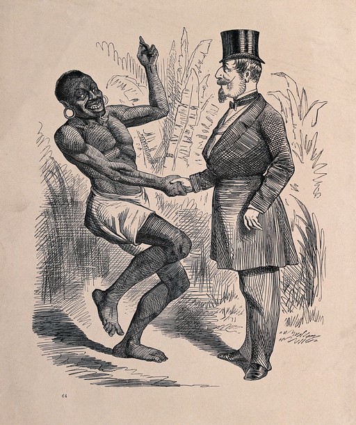 A black man in shorts is shaking hands with Napoleon III. Wood engraving.