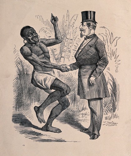 A black man is shaking hands with Napoleon III, thanking him ironically for supporting the freedom of slaves. Wood engraving, 1861.