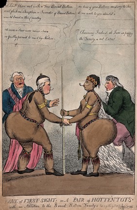 Lord Grenville, Prime Minister and leader of the Broad Bottoms faction, meets Sarah Baartman, the "Hottentot Venus": on account of their similar body-mass, a dynastic marriage is considered. Coloured etching attributed to W. Heath, 1810.