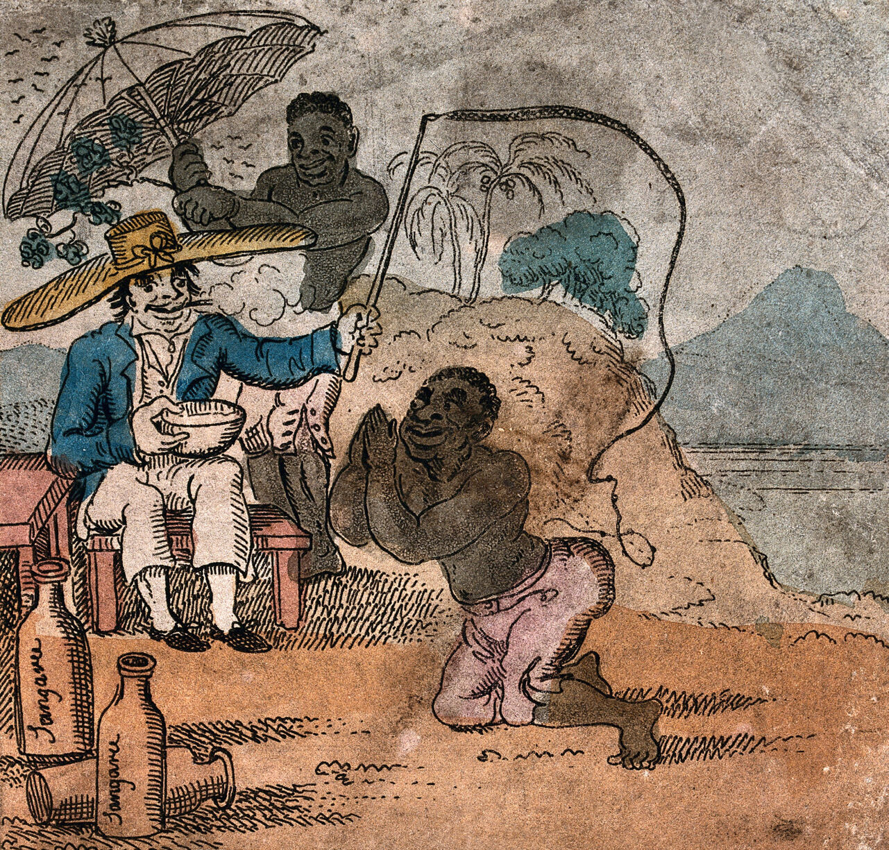 A white man (Johnny Newcome) sits on a beach in the West