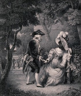 A white man approaches a woman sitting on a bench in a garden, and when she turns her face to him he sees that she is black. Engraving by S. Davenport after R.W. Buss.