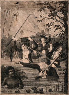 Surinam: white men with rifles are holding them high as they make their way through a swamp after a black man. Engraving after J.G. Stedman.