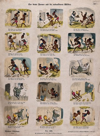 Two black men are given a lunch of roast beef by a white farmer, then they attempt to rob him, but he catches them, beats them, and sends them on their way. Coloured wood engravings.