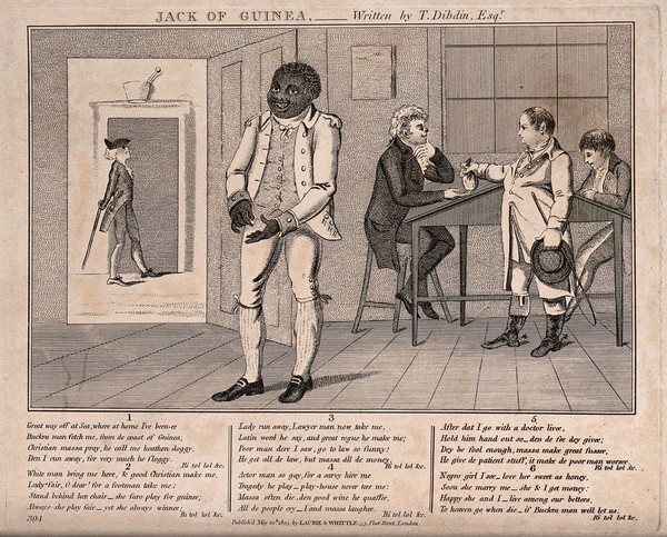 A black man stands in the office of a white lawyer whose servant he is, while across the road is the pharmacy where he had previously been a servant. Engraving, 1805.