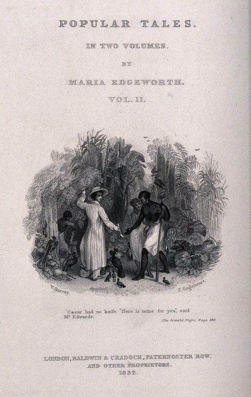A man wearing a hat and a long coat is standing in a jungle handing a knife to a man. Engraving by F. Engleheart, 1832, after W. Harvey.