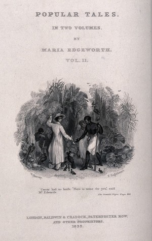 view A white slave-owner handing a knife to a black enslaved man. Engraving by F. Engleheart, 1832, after W. Harvey.