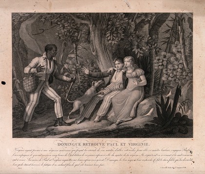 Paul and Virginie are found by their slave Domingue and their dog Fidele when they are  lost in the forests of Mauritius. Engraving.