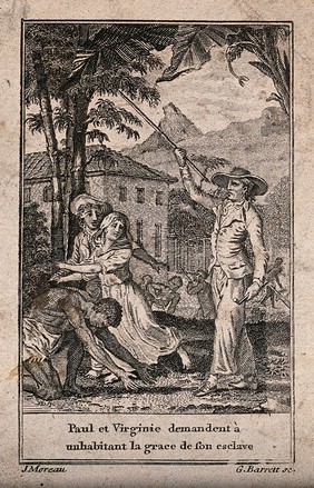 A slave is kneeling on the ground as Paul and Virginie try to protect him from a slave-owner holding a pipe and a stick. Engraving by G. Barrett, 1788, after J. Moreau.