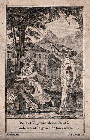 view A slave is kneeling on the ground as Paul and Virginie try to protect him from a slave-owner holding a pipe and a stick. Engraving by G. Barrett, 1788, after J. Moreau.