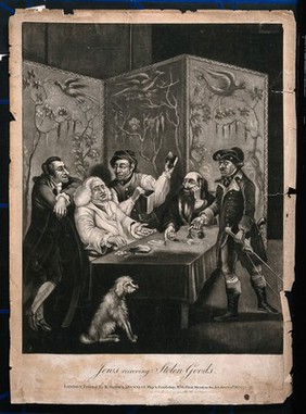 A highwayman tries to sell stolen articles to a group of Jewish receivers. Mezzotint, 1777.