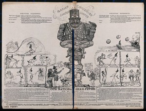 view The Shah of Persia sits cross-legged on the backs of Britons, representing the cost to Britain of supporting the Shah. Lithograph by Gegeëf, 1873.