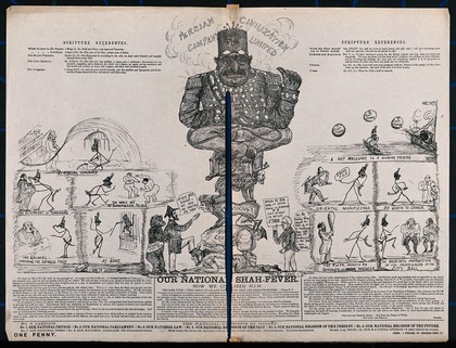 The Shah of Persia sits cross-legged on the backs of Britons, representing the cost to Britain of supporting the Shah. Lithograph by Gegeëf, 1873.