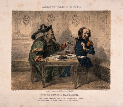 A Chinese man offering a small lizard on a chopstick to an English guest who is reluctant to eat it. Coloured lithograph by Smith after himself.