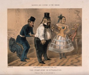 view A Chinese man and woman having their first Western clothes fitted. Coloured lithograph by Smith, 1858.