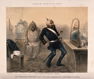 view An Englishman is startled when he sees his reflection in the mirror and finds his Chinese barber has given him a queue. Coloured lithograph by Smith, 1858.