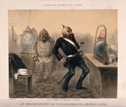 An Englishman is startled when he sees his reflection in the mirror and finds his Chinese barber has given him a queue. Coloured lithograph by Smith, 1858.