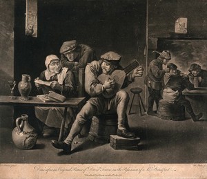 view A man plays on a musical instrument as others sit around at tables with glasses and pitchers on them, an old woman is reading from a sheet of paper. Mezzotint by N. Pether after David Teniers.