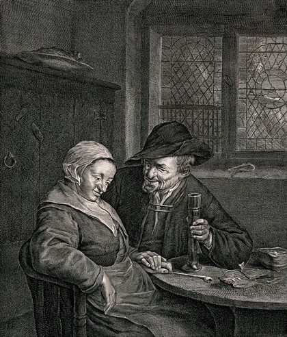 A couple sitting at a table: the man holds a glass in one hand, with the other he holds the woman's hand which is resting on the table with a pipe. Etching by C. Visscher after A. van Ostade.