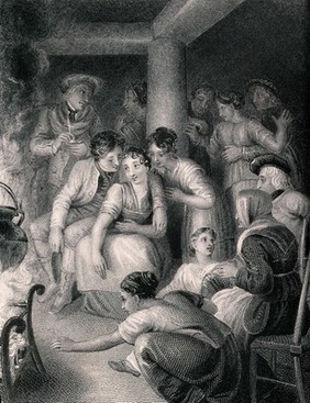 Groups of people gathered around a fire in a room. Engraving.