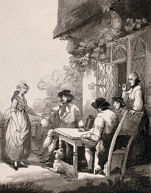 view People sitting around a table outside a building, and a woman bringing them a pitcher of beer. Etching and aquatint.