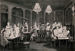 view Men are sitting at tables in a club room in which the tables are lit by candles: some of the men are playing board games, others are drinking and reading. Etching.