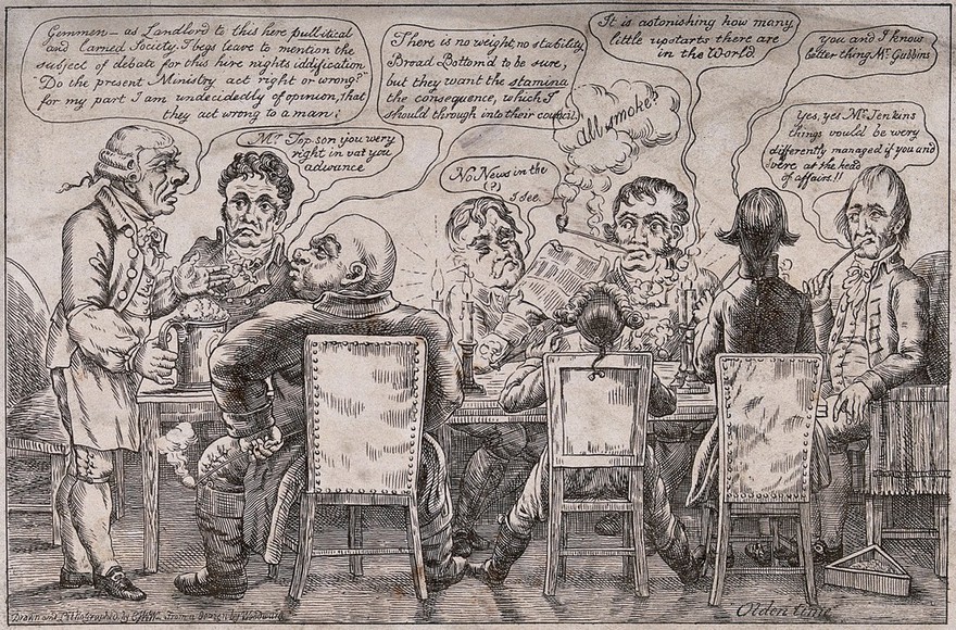 Men sitting around a candle-lit table, talking about politics, smoking and drinking. Lithograph by C.J.W. Winter after G.M. Woodward.