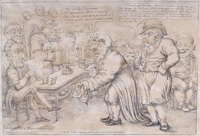 A sailor, proposed as a member of a society in which masks are worn at meetings, makes enquiries to its chairman using nautical vocabulary. Lithograph by C.J.W. Winter after G.M. Woodward.