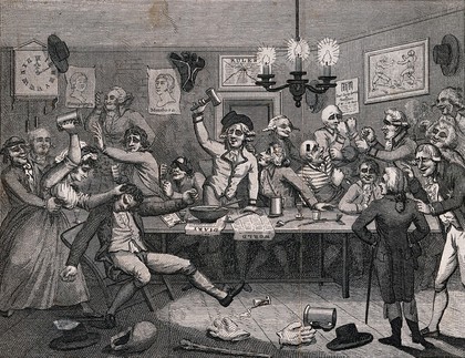 People in a boxing club having a fist-fight: the chairman in the middle holds up a gavel, and a woman hits a man over the head with a tankard. Etching by J. Barlow, 1789, after S. Collings.