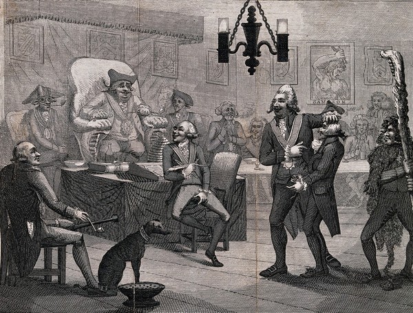 A man sits on a high chair in front of a table surrounded by others: they watch two men in the middle of the floor perform a ritual. Etching by J. Barlow, 1790, after S. Collings.
