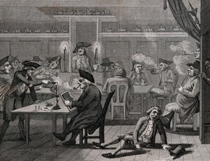 view Groups of men sitting at tables smoking and having a merry time: one man has fallen to the floor and spilled his tankard of ale. Etching by J. Barlow, 1790, after S. Collings.