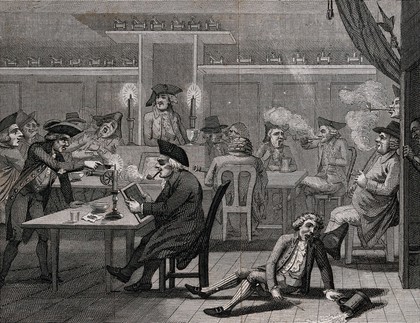 Groups of men sitting at tables smoking and having a merry time: one man has fallen to the floor and spilled his tankard of ale. Etching by J. Barlow, 1790, after S. Collings.