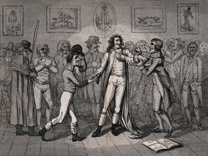 Richard Barry, 7th Earl of Barrymore, a notorious spendthrift and rake, holding a levee: he is attended by his horse-racing and cock-fighting associates and others. Etching by J. Barlow after S. Collings.