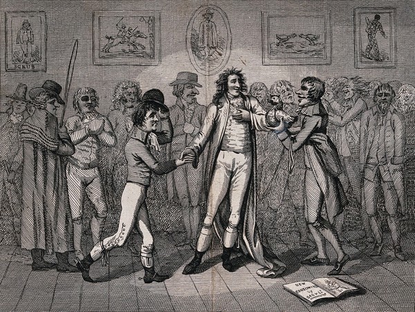 Richard Barry, 7th Earl of Barrymore, a notorious spendthrift and rake, holding a levee: he is attended by his horse-racing and cock-fighting associates and others. Etching by J. Barlow after S. Collings.