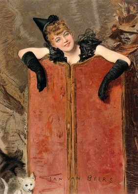 A woman in a black costume, wearing a small hat and long black gloves, smiles at the viewer while standing behind a screen. Chromolithograph, 1892, after Jan van Beers.