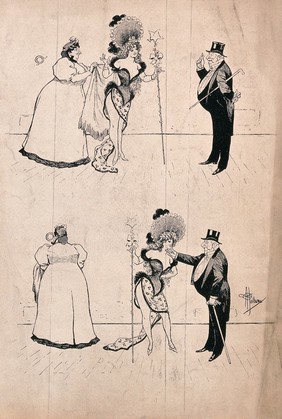 A chaperone introduces a young dancer or actress in costume to an elderly man in top hat and tails; he chucks the young woman under the chin, and the chaperone leaves them. Process print after A. Guillaume.