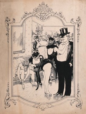 Roués at the theatre in the company of women dancers, one of whom sits down to tie up her ballet pumps. Process print, ca. 1890.