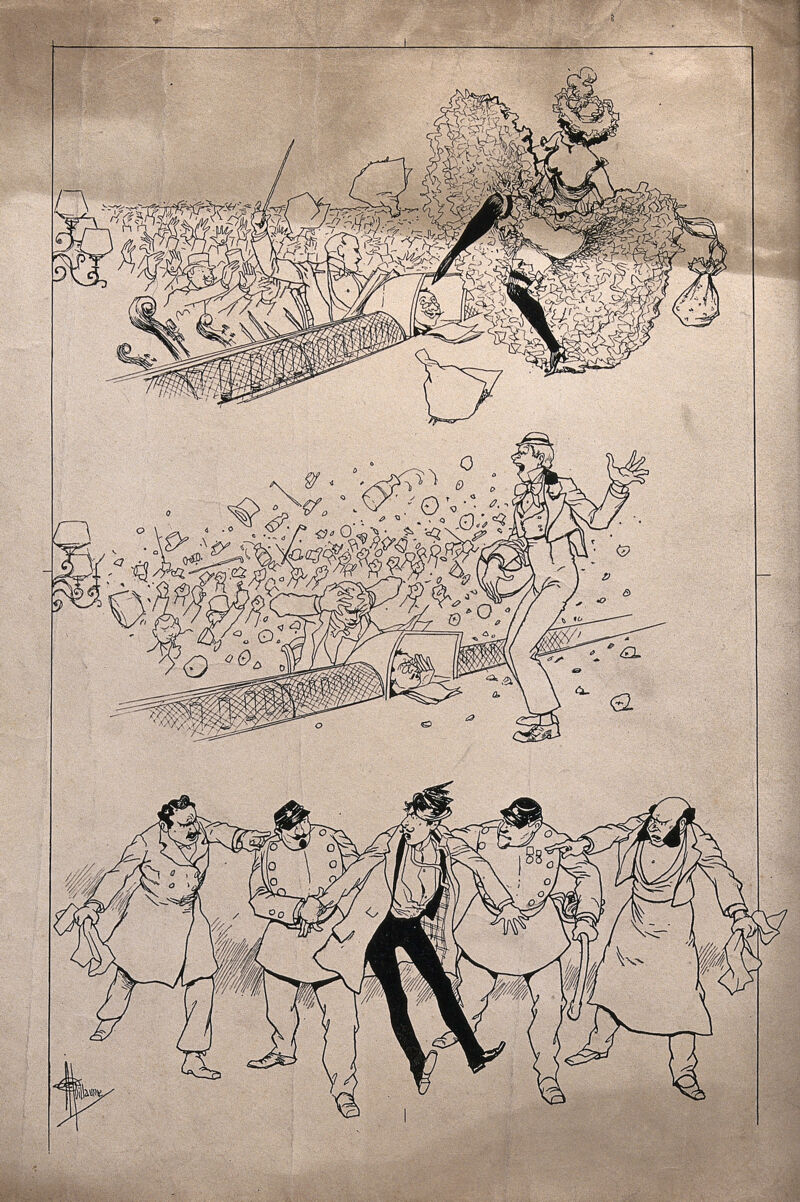 A prompter in a music hall enjoys watching a woman can-can dancer, tells an unpopular man entertainer to get off the stage, and is finally arrested at the request of two dissatisfied men. Process print after Albert Guillaume., 1890-1899, by Albert Guillaume