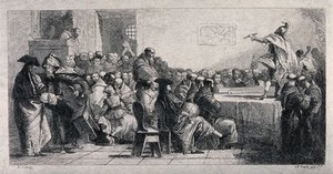 view A man is performing on a table with a stick in his hand, people are sitting on chairs watching and an extra chair is being offered by a man in a hooded cape. Etching after G.B. Tiepolo.