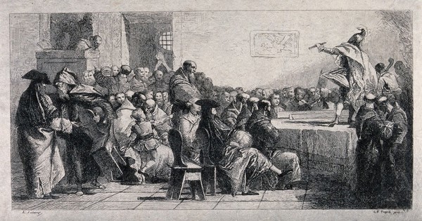 A man is performing on a table with a stick in his hand, people are sitting on chairs watching and an extra chair is being offered by a man in a hooded cape. Etching after G.B. Tiepolo.