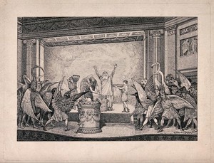 view A performance of the play Birds by Aristophanes. Etching by Henry Gillard Glindoni.