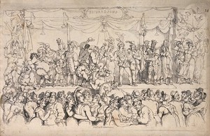 view People watching Richardson's Travelling Theatre on stage. Etching by T. Rowlandson, 1816.