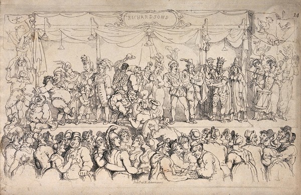 People watching Richardson's Travelling Theatre on stage. Etching by T. Rowlandson, 1816.