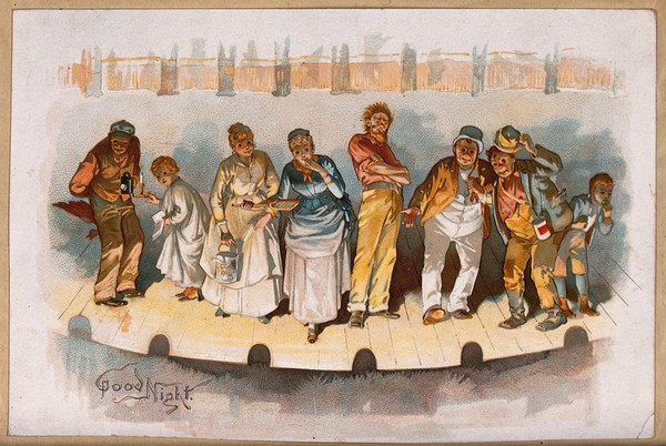 Eight characters on stage wish their audience goodnight. Chromolithograph.