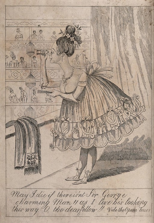 A woman in an opera box is using her opera glasses to peer across the theatre to see who is there. Etching.