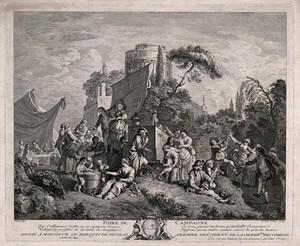 view A country fair: itinerant entertainers act on a stage, women and children look at a peep show, others dance to music provided by a man playing a hurdy-gurdy and boy playing a small trumpet. Engraving by C.N. Cochin the younger, 1740, after F. Boucher.